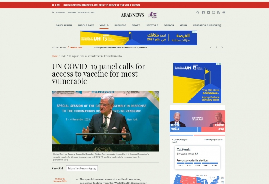 “Arabnews”: Prezident İlham Əliyev Qoşulmama Hərəkatı adından COVID-19 pandemiyasına qarşı səyləri gücləndirməyə çağırıb