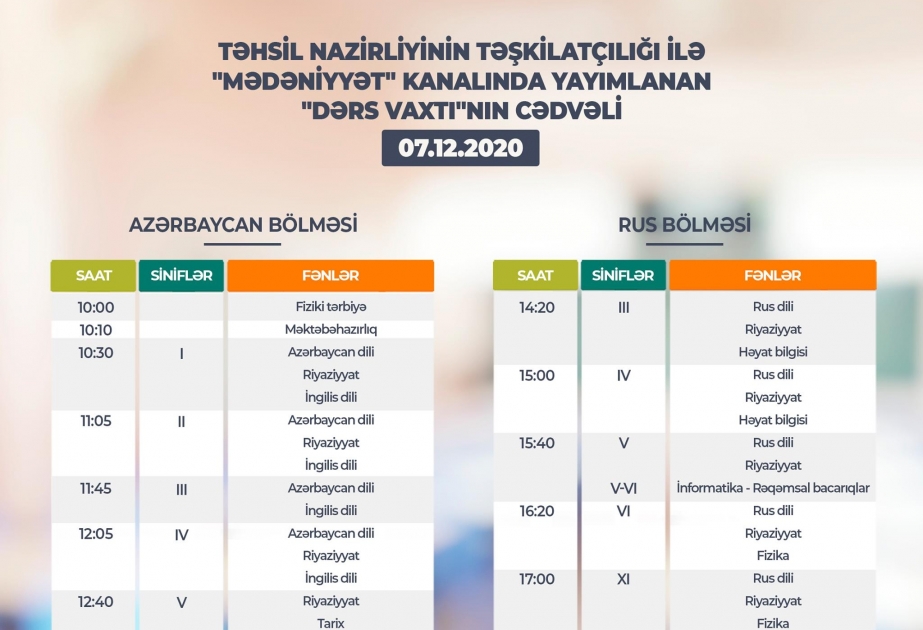 Teledərslərin bu günə olan cədvəli