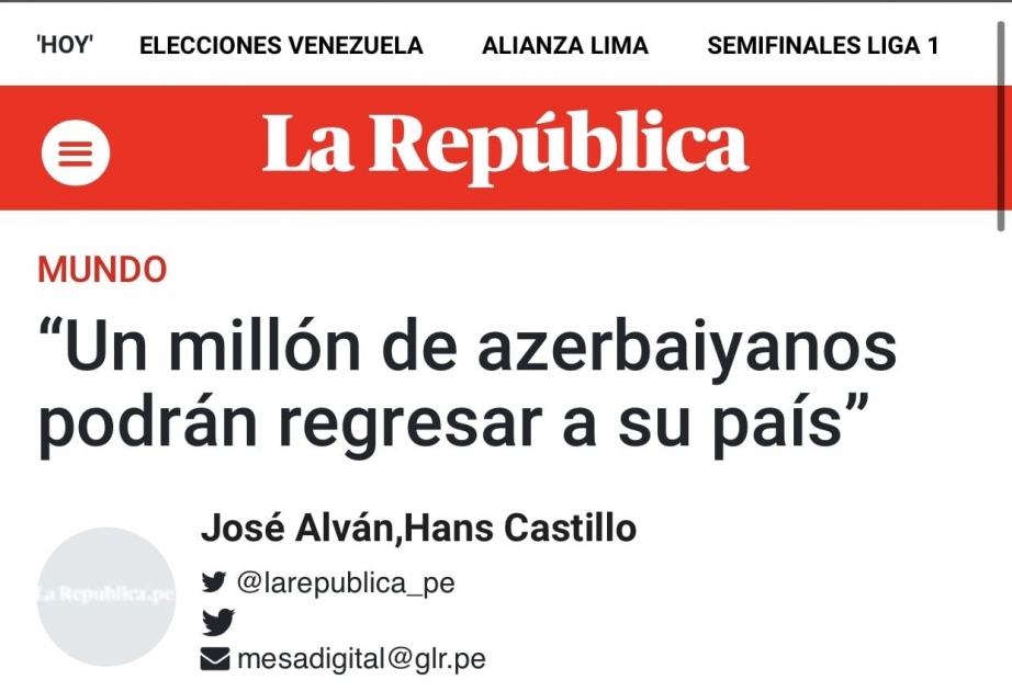 Peru qəzetində Azərbaycan, Rusiya prezidentləri və Ermənistanın baş naziri tərəfindən imzalanmış Bəyanatdan bəhs edilib