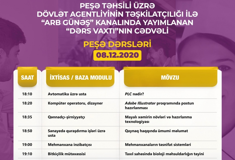 Peşə təhsili üzrə “Dərs vaxtı”nın dekabrın 8-nə olan cədvəli