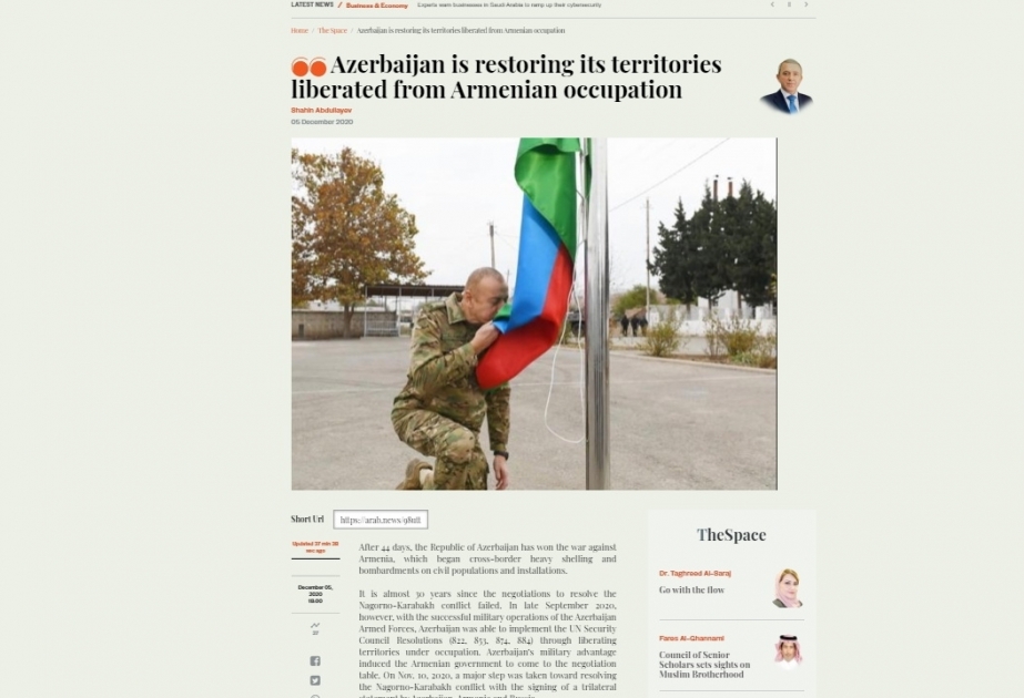 ARAB News: Azerbaijan is restoring its territories liberated from Armenian occupation