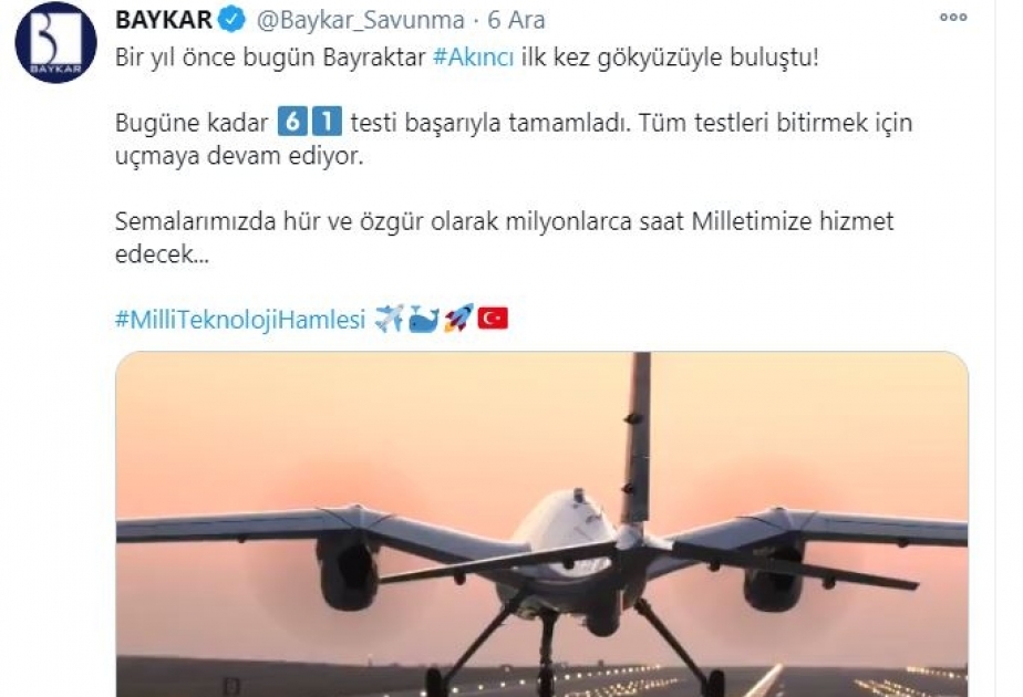 Türkiyənin “Akıncı” pilotsuz uçuş aparatının 61-ci sınağı da uğurla başa çatıb