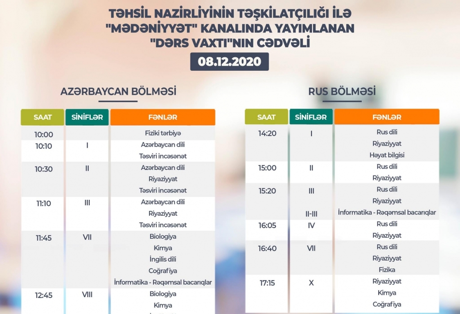 Teledərslərin dekabrın 8-nə olan cədvəli