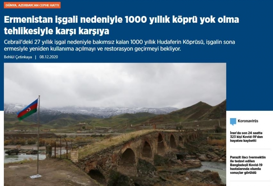 Anadolu Agentliyi Cəbrayıl rayonu ərazisindəki Xudafərin körpülərinə həsr olunan məqalə yayıb
