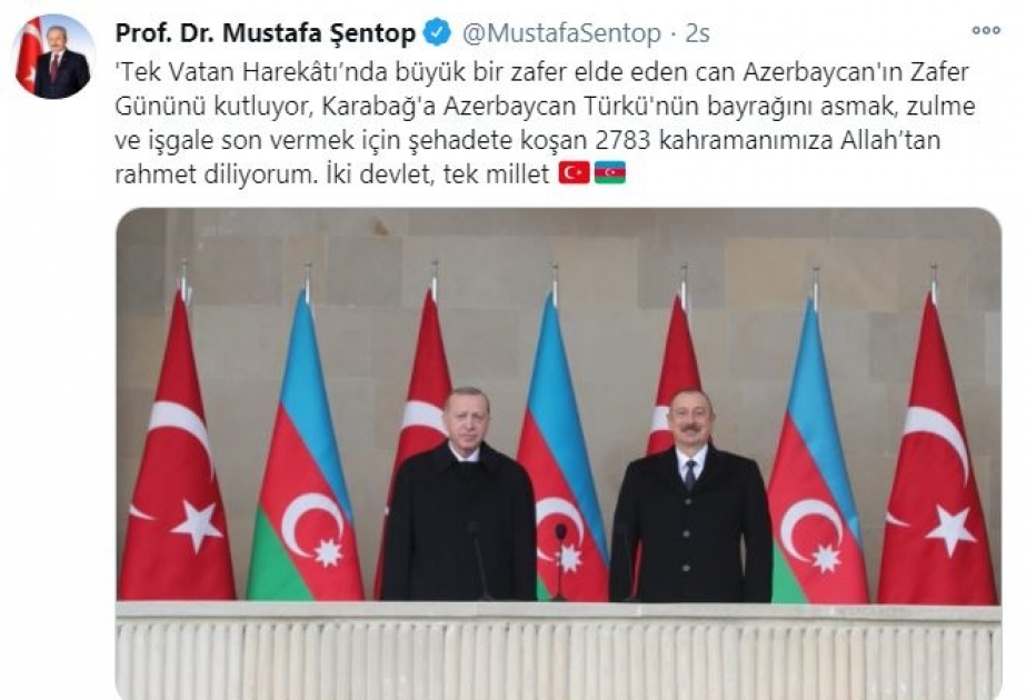 Mustafa Şentop Azərbaycan xalqını təbrik edib