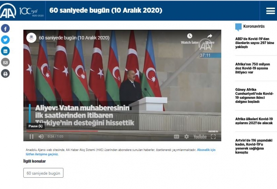 Anadolu agentliyi “60 saniyədə bu gün” rubrikasını Bakıda keçirilən Zəfər paradına həsr edib
