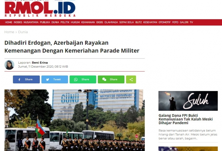 Bakıda keçirilən Zəfər paradı İndoneziya KİV-lərinin də diqqət mərkəzində olub