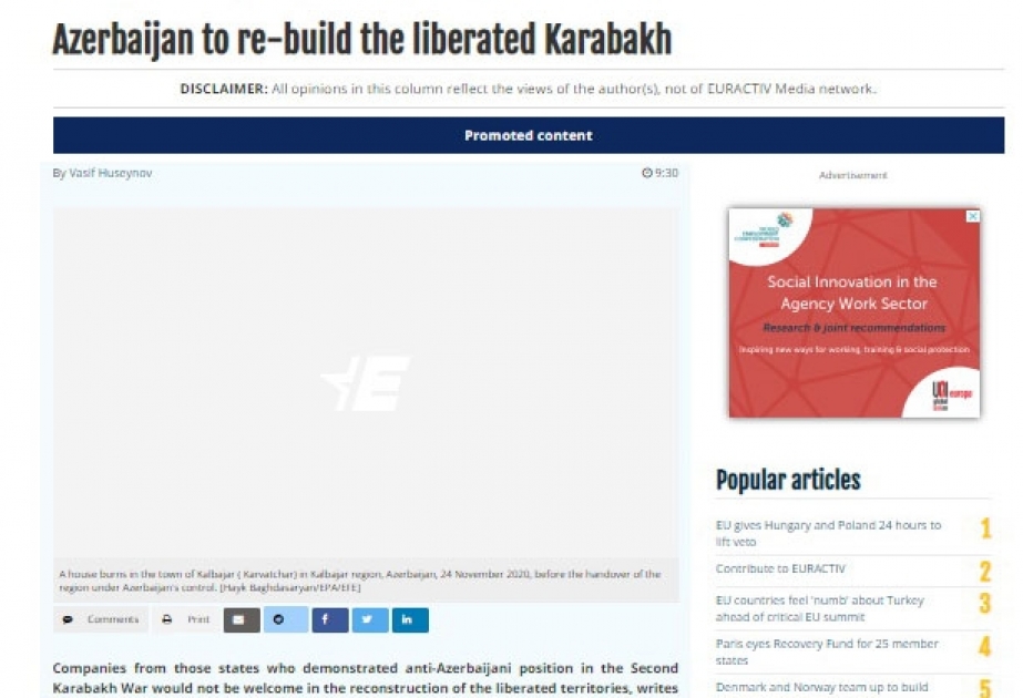 “Euractiv” portalında “Azərbaycan azad edilmiş Qarabağı yenidən quracaq” adlı məqalə dərc olunub