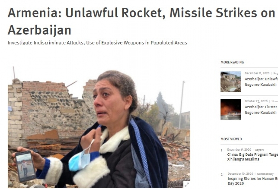 “Human Rights Watch” təşkilatı Ermənistan tərəfindən Azərbaycanın dinc sakinlərinə və mülki obyektlərinə edilmiş raket hücumları ilə bağlı hesabat yayıb
