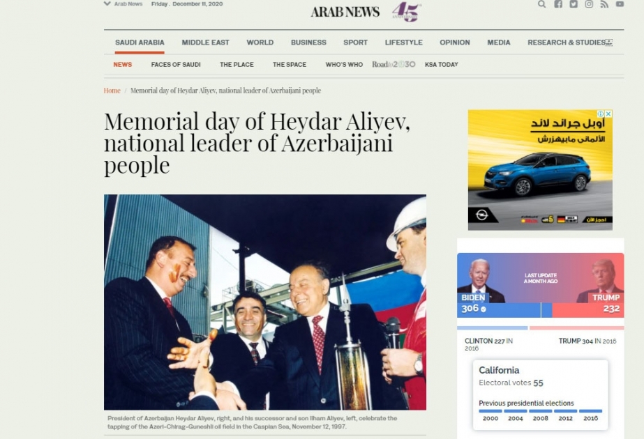 “Arabnews” qəzetində ulu öndər Heydər Əliyevə həsr edilmiş məqalə dərc olunub