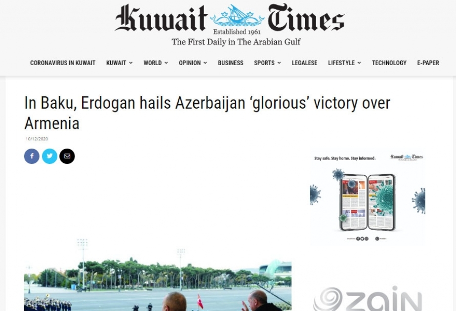 “KuwaitTimes” qəzetində Azərbaycanın Zəfər paradı haqqında məqalə dərc edilib
