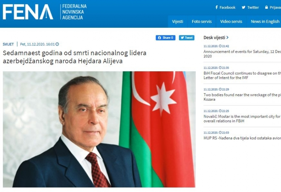 Bosniya və Herseqovinanın Federal Xəbərlər Agentliyi ulu öndər Heydər Əliyev haqqında məqalə yayıb