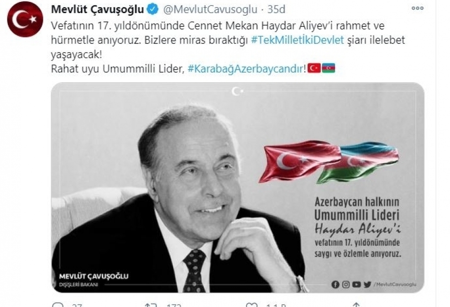 Мевлют Чавушоглу: Доставшиеся нам в наследство слова Гейдара Алиева «Одна нация, два государства» останутся навечно