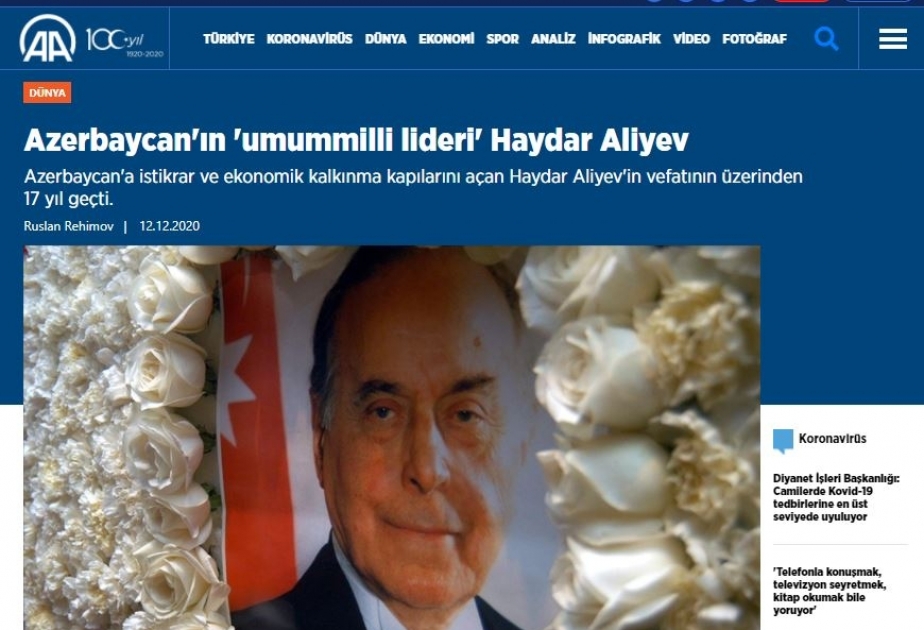 Anadolu agentliyi: Prezident İlham Əliyevin rəhbərliyi ilə Azərbaycan Ordusu torpaqları işğaldan qurtardı. Heydər Əliyevin vəsiyyəti yerinə yetirildi