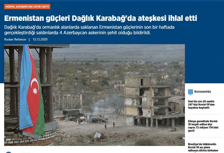 Türkiyə mətbuatı işğaldan azad olunan Azərbaycan torpaqlarında ermənilərin terrorçu fəaliyyətindən yazır