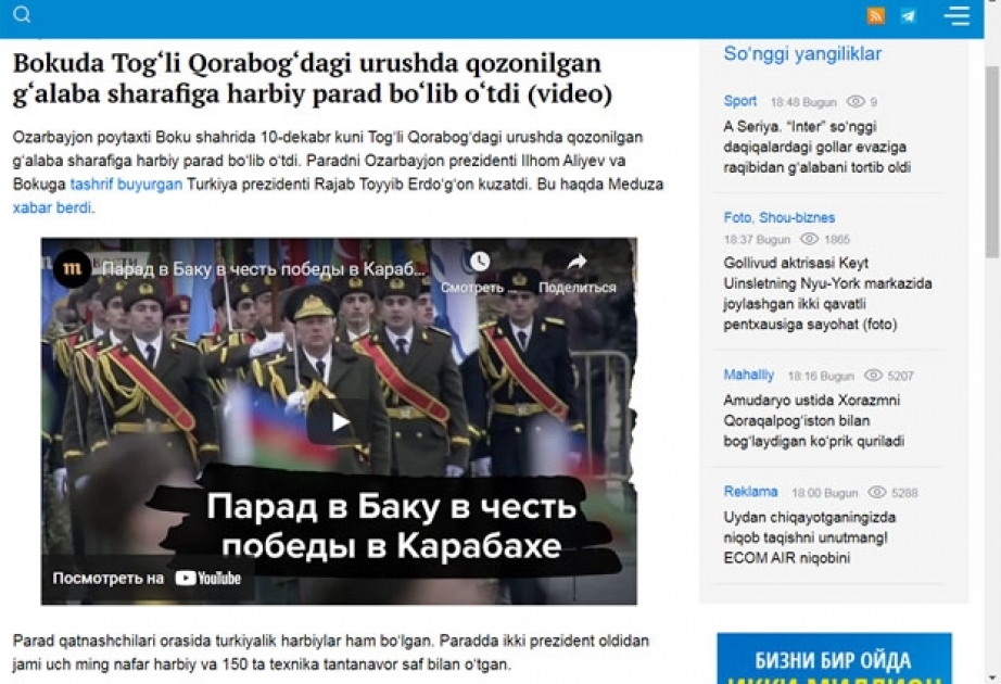 Özbəkistan portalları Azərbaycanın Zəfər paradından yazır
