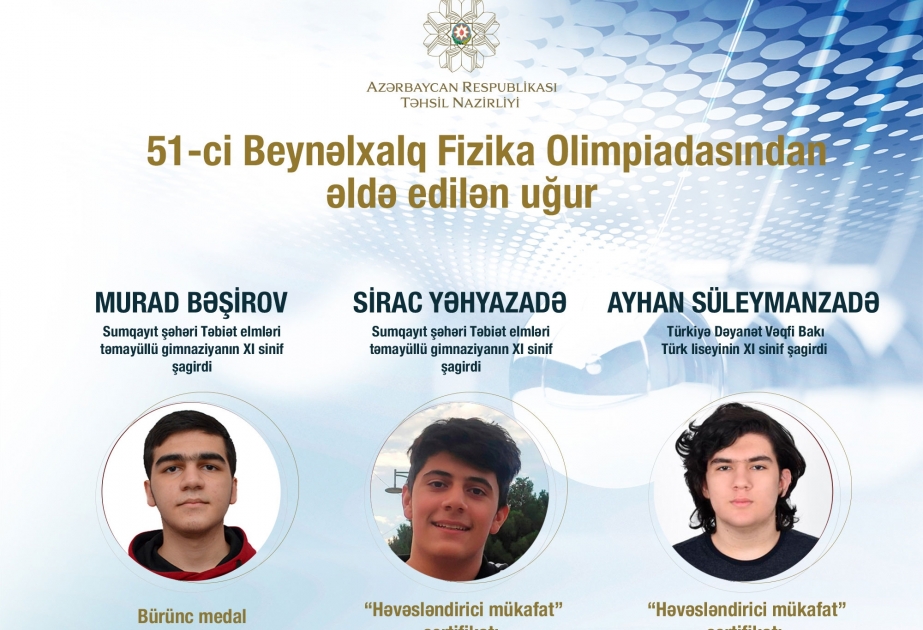 Təhsil Nazirliyi: Məktəblilər 51-ci Beynəlxalq Fizika Olimpiadasında uğur qazanıblar
