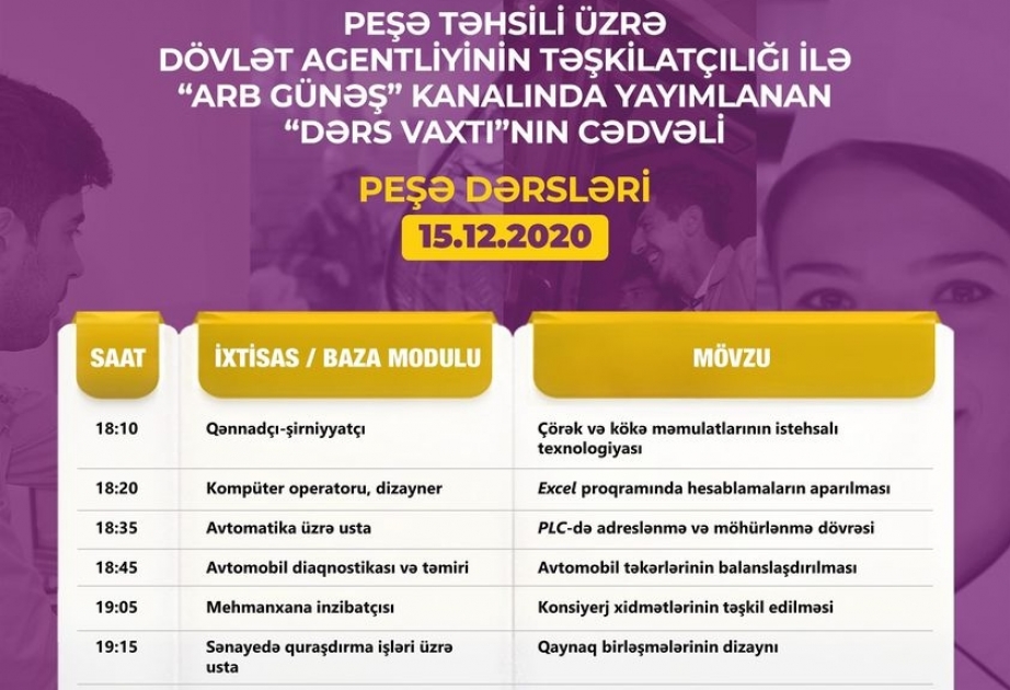 Peşə təhsili üzrə “Dərs vaxtı”nın dekabrın 15-nə olan cədvəli