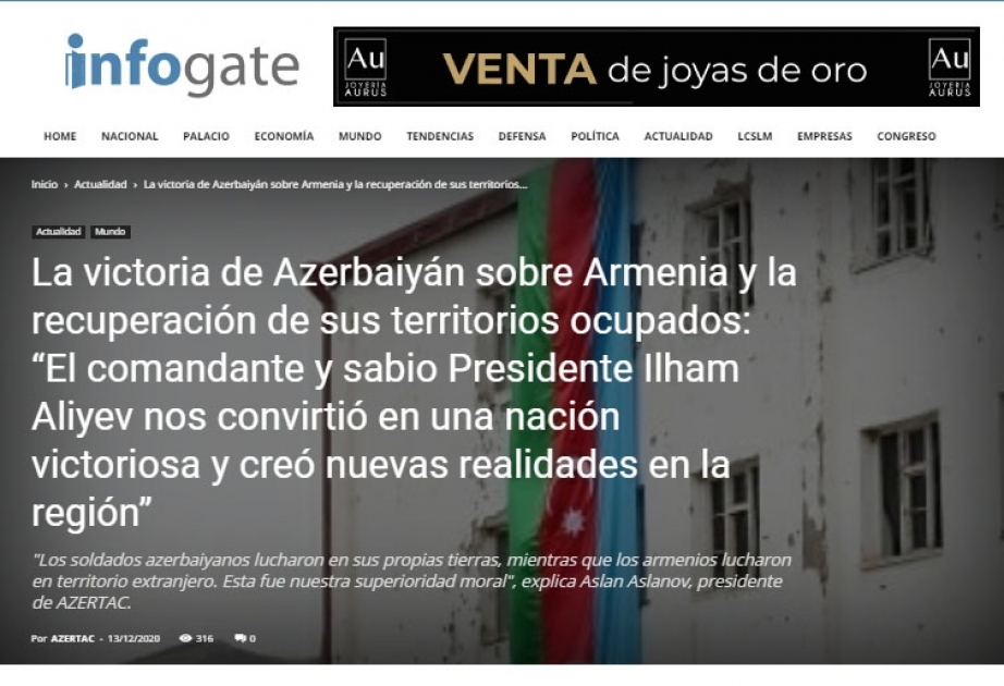 Чилийское агентство Infogate распространило статью АЗЕРТАДЖ о Карабахской победе
