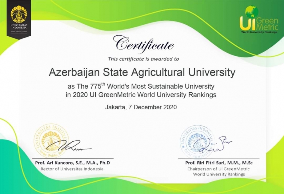 Azərbaycan Dövlət Aqrar Universiteti bu il də “UI Green Metric”in beynəlxalq reytinqində yer alıb