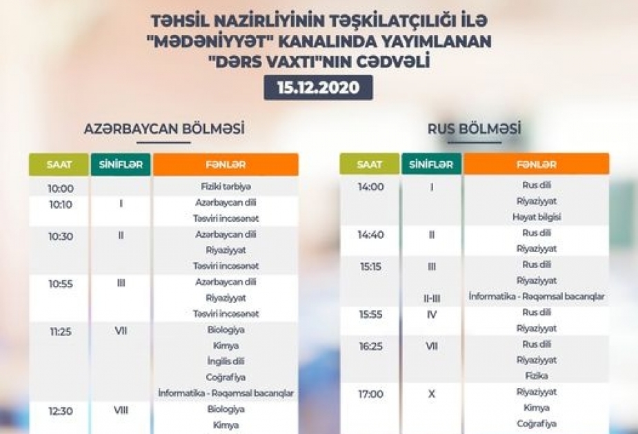 Teledərslərin bu günə olan cədvəli