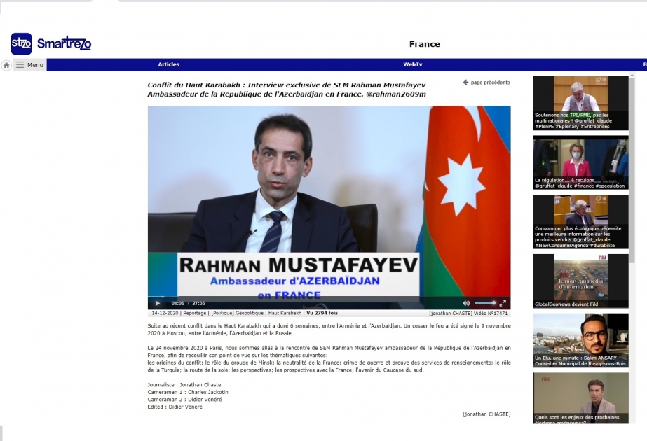 Fransa portalında Azərbaycan səfirinin müsahibəsi dərc edilib VİDEO