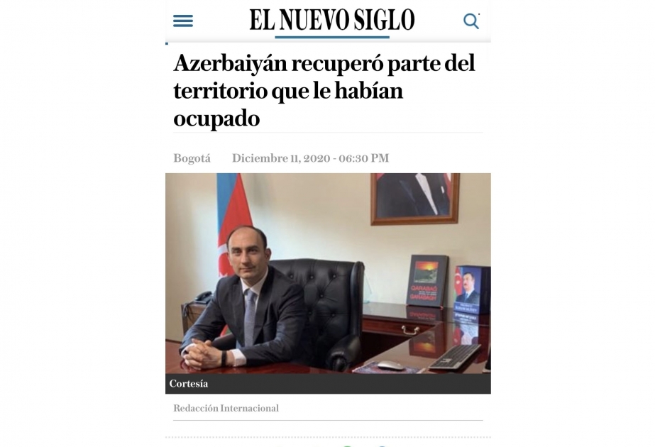 El periódico diario colombiano informa sobre la historia de la agresión armenia, el reciente enfrentamiento militar y la declaración de alto el fuego