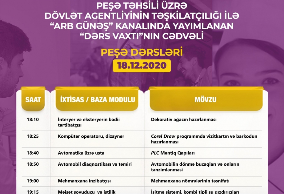 Peşə təhsili üzrə “Dərs vaxtı”nın dekabrın 18-nə olan cədvəli