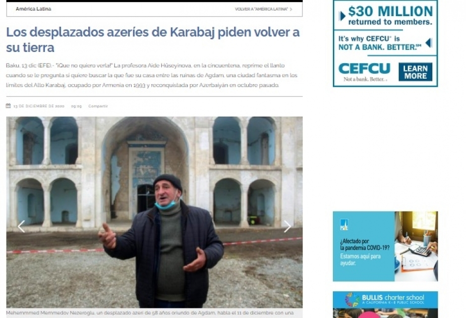 “Alianza Metropolitan News” qəzeti azərbaycanlı köçkünlərin öz doğma yurdlarına qayıtmaq arzularından yazır