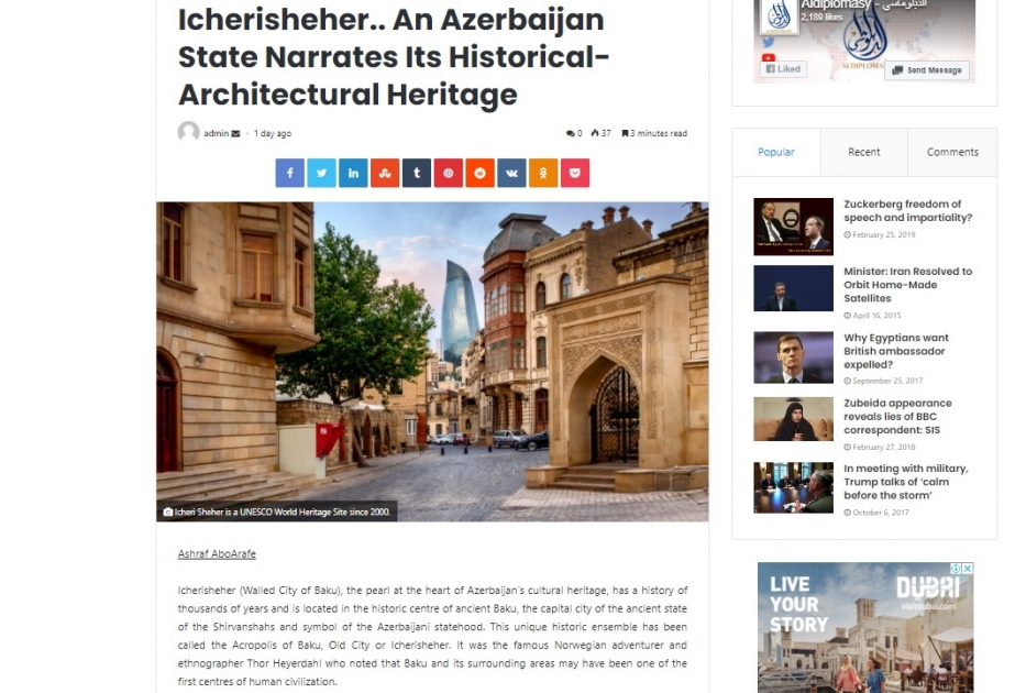 Misirli jurnalist Azərbaycan mədəniyyətinin incisi İçərişəhərdən yazıb