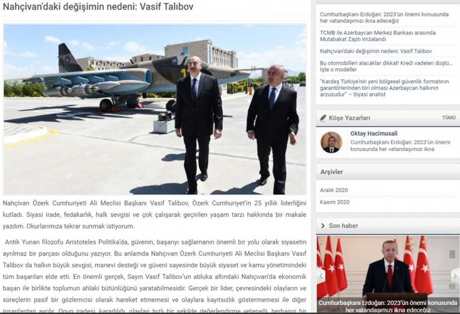 Naxçıvanda əldə edilən nailiyyətləri əks etdirən məqalə türkdilli oxuculara təqdim olunub