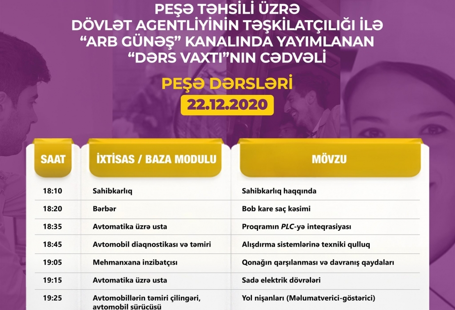 Peşə təhsili üzrə “Dərs vaxtı”nın dekabrın 22-nə olan cədvəli