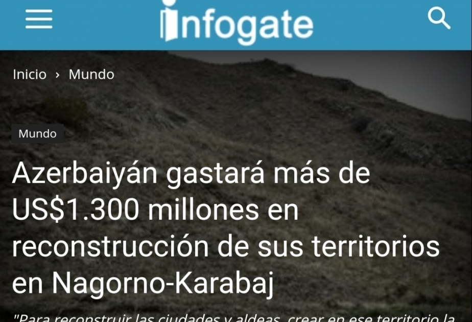 Çilinin “Infogate” agentliyi: Azərbaycan Dağlıq Qarabağdakı ərazilərinin bərpasına 1,3 milyard dollardan artıq vəsait xərcləyəcək