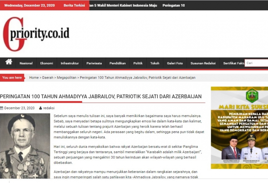 İndoneziya saytında əfsanəvi partizan Əhmədiyyə Cəbrayılov haqqında məqalə dərc edilib
