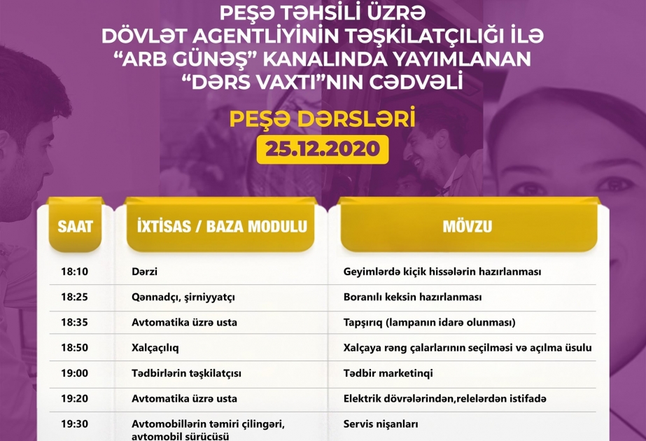 Peşə təhsili üzrə “Dərs vaxtı”nın dekabrın 25-nə olan cədvəli
