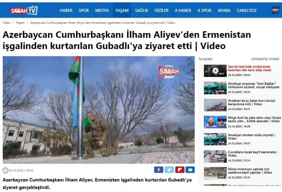 Azərbaycan Prezidentinin Qubadlı və Zəngilan rayonlarına səfərləri Türkiyə mediası tərəfindən geniş işıqlandırılıb