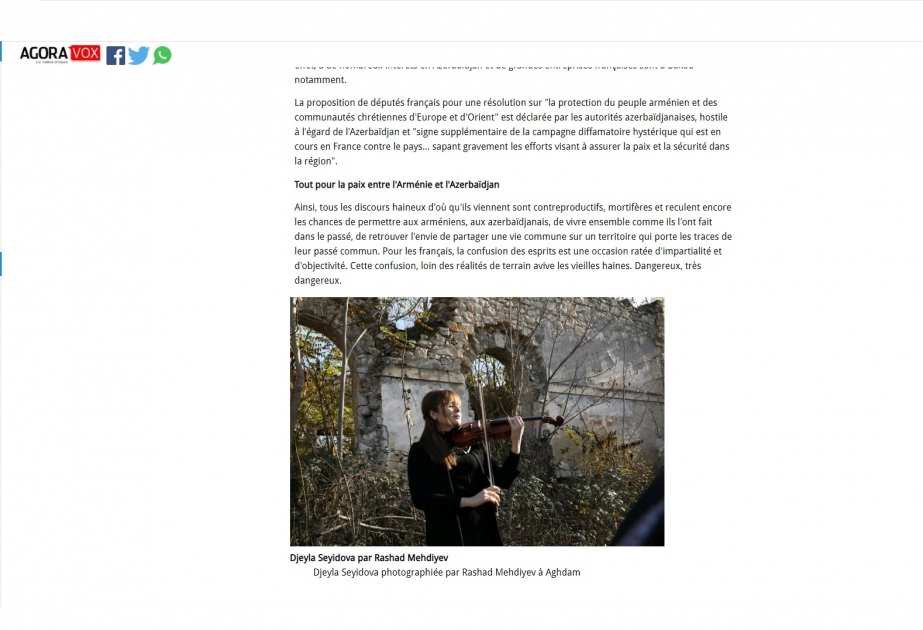 Le site Agoravox publie un article sur la paix conclue entre l’Arménie et l’Azerbaïdjan