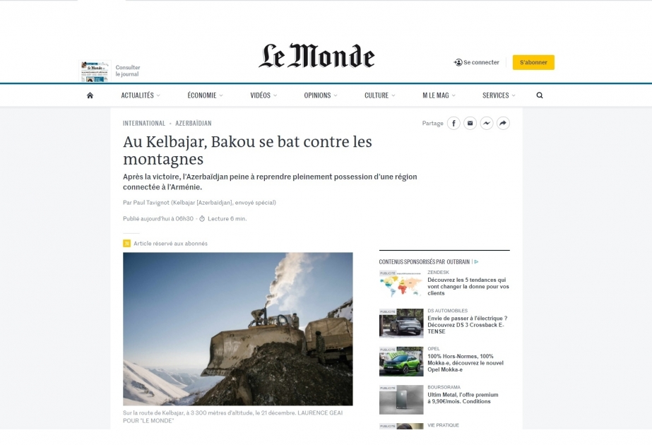 Le Monde : Au Kelbajar, Bakou se bat contre les montagnes