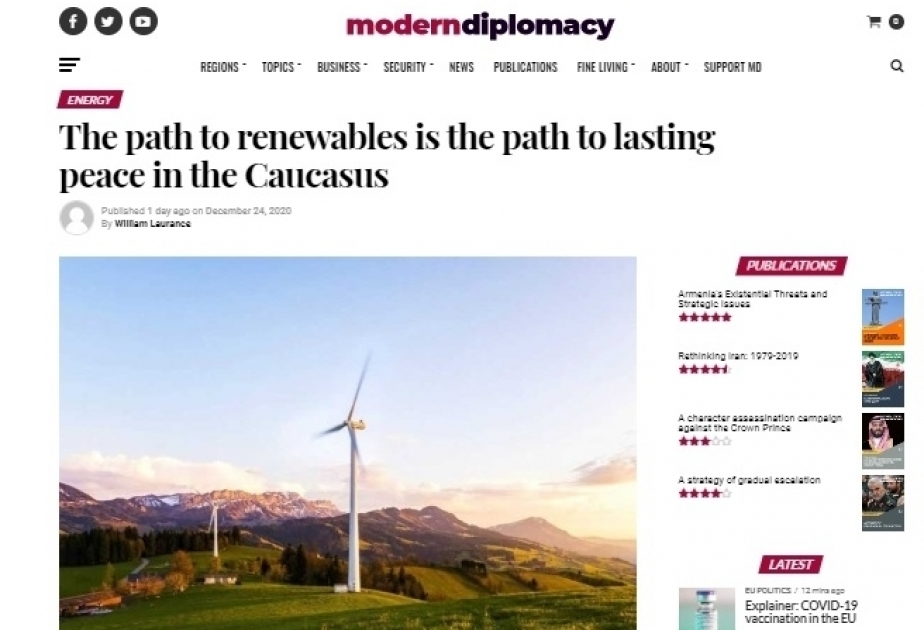 Modern Diplomacy: "El camino hacia las energías renovables es el camino hacia una paz sostenible en el Cáucaso"