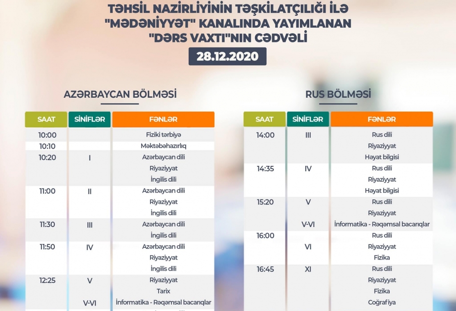Teledərslərin dekabrın 28-nə olan cədvəli