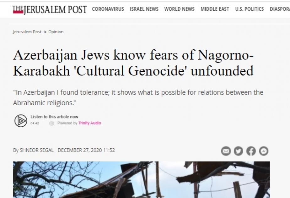 “The Jerusalem Post”: Azərbaycan yəhudiləri Dağlıq Qarabağda “mədəni soyqırımı” qorxusunu əsassız hesab edirlər