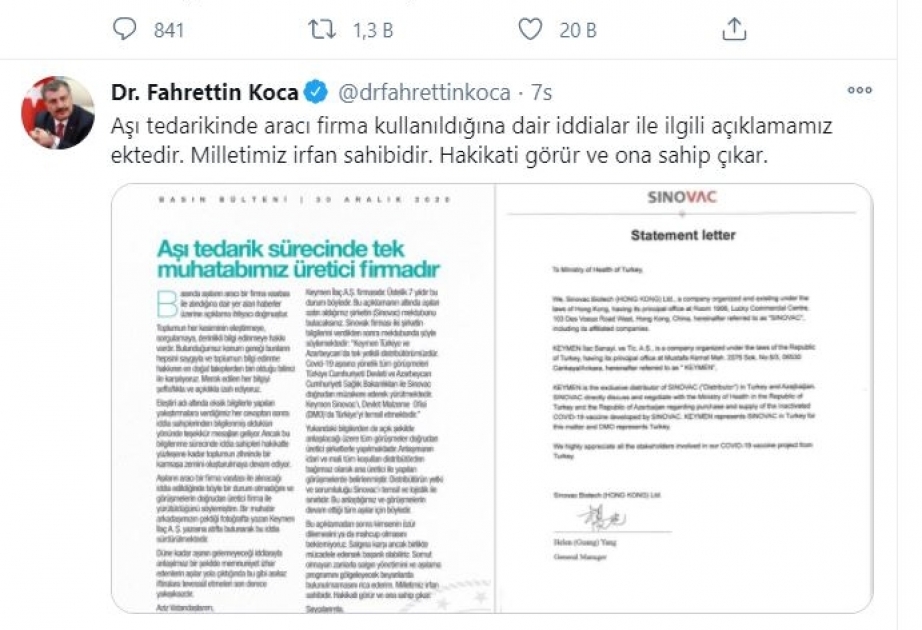 Türkiyənin Çindən aldığı koronavirusa qarşı vaksinin ilk hissəsi Ankaraya gətirilib