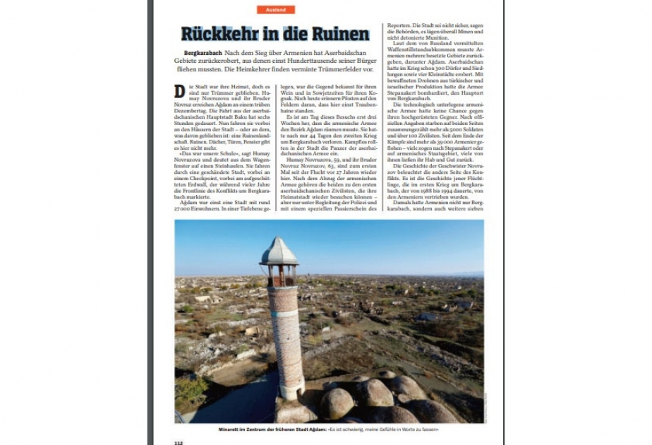 Almaniyanın “Spiegel” jurnalında ermənilərin Ağdam şəhərində törətdikləri dağıntılardan bəhs edən məqalə dərc olunub