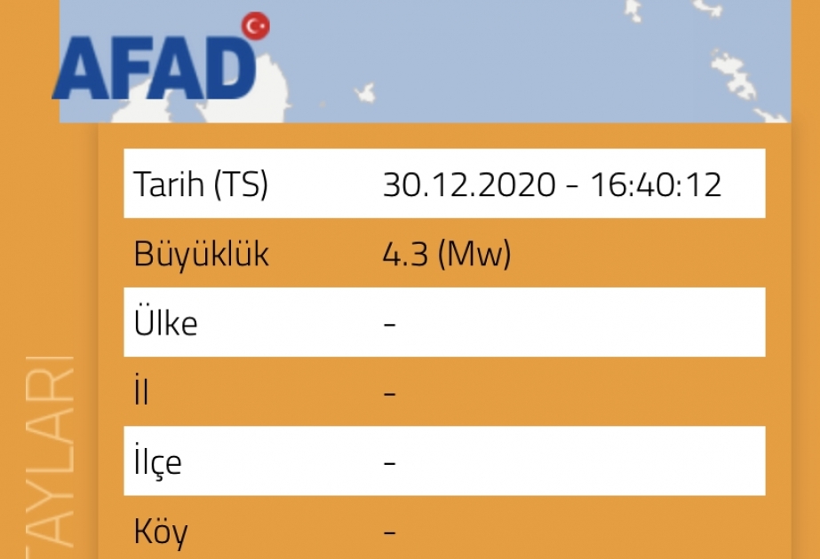 Egey dənizində 4,3 bal gücündə zəlzələ baş verib