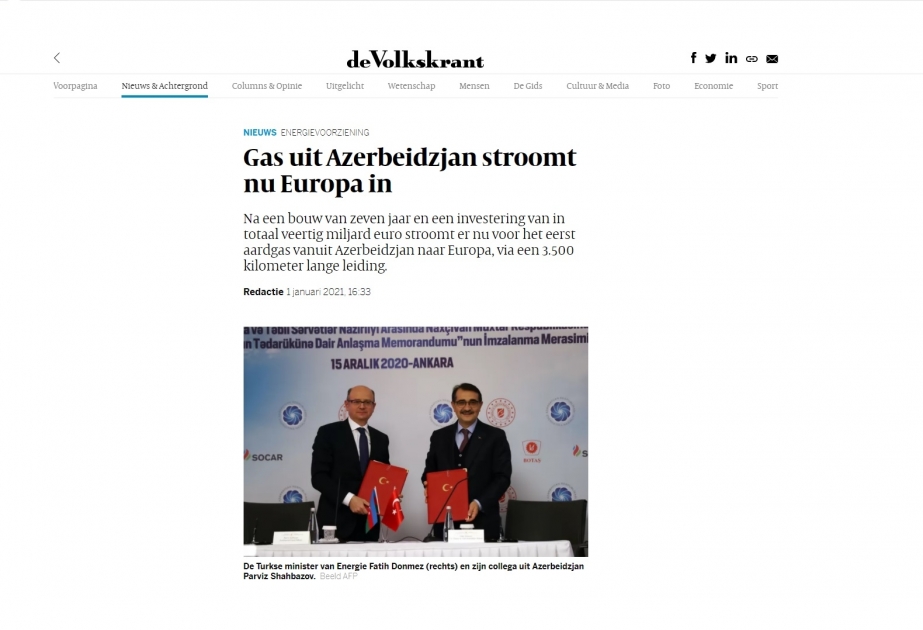Niderland portalı: Azərbaycanın təbii qazı Avropaya axır