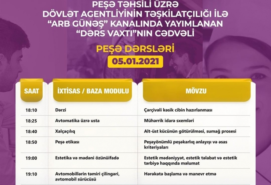 Peşə təhsili üzrə “Dərs vaxtı”nın yanvarın 5-nə olan cədvəli