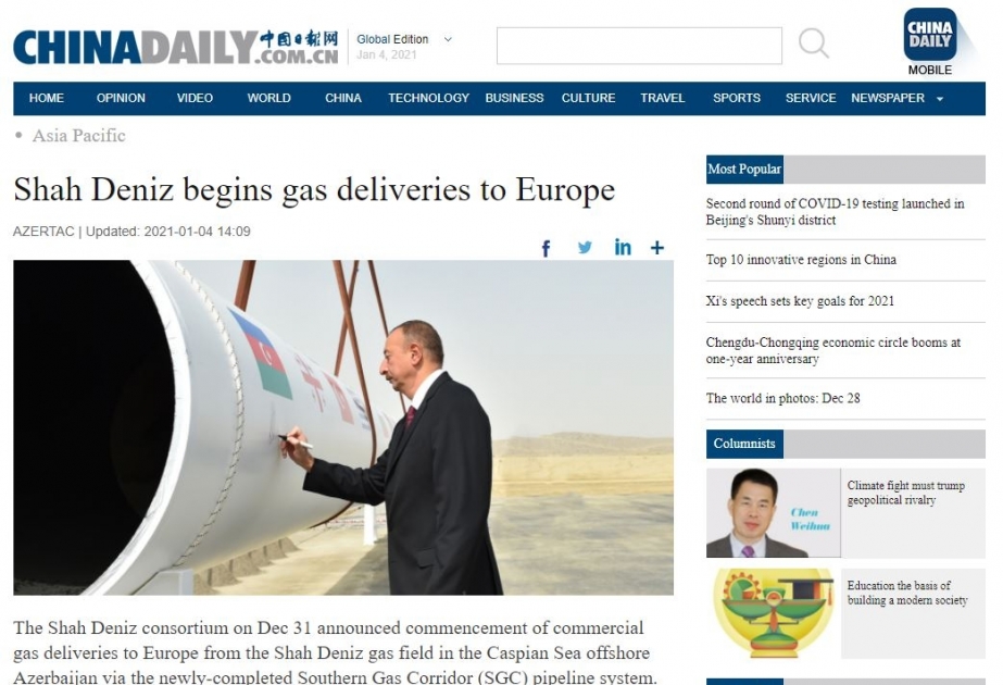 “China Daily” qəzeti Azərbaycan təbii qazının Avropaya çatmasından yazır