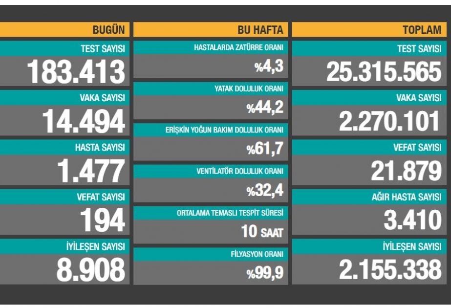 Türkiyədə son sutkada koronavirusdan 194 nəfər ölüb