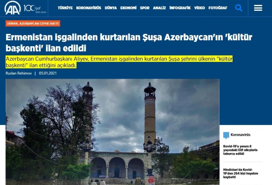 Türkiyə mediası: İşğaldan azad edilən Şuşa Azərbaycan mədəniyyətinin paytaxtı elan olundu