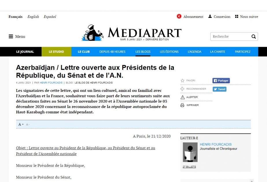 Médiapart publie une lettre ouverte adressée aux présidents de la République, du Sénat et de l’Assemblée nationale